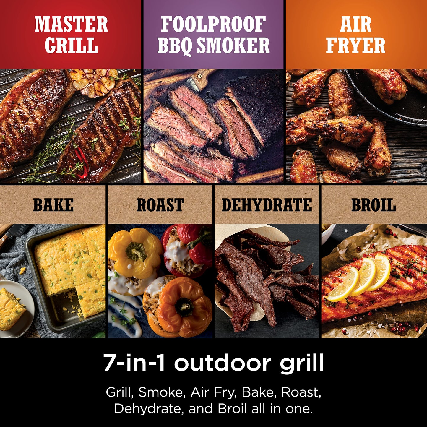 Ninja | Woodfire Series | 7-in-1 (Grill, BBQ, Roast, Air Fry, Dehydrate, Broil, Smoke) | Portable & Weather Resistant | Cook Up To 6 Steaks & 30 Hot Dogs | Woodfire Pellets included | OG701