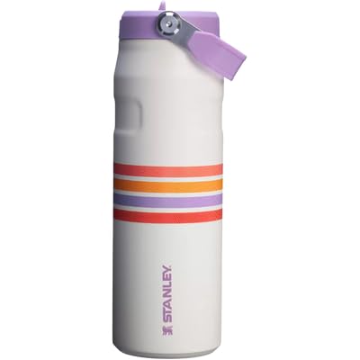 Stanley Varsity IceFlow Flip Straw 2.0 Lid | Water Bottle 24 OZ | Built-In Straw | Lightweight & Leak-Resistant | Insulated Stainless Steel | BPA-Free | Cream Lilac Stripe