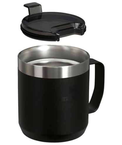 Stanley Stay-Hot Camp Mug 12 oz | Press Fit Drink Through Lid | Cup for Coffee, Tea and Drinks | Insulated Stainless Steel Coffee Mug | BPA-Free | Black 2.0