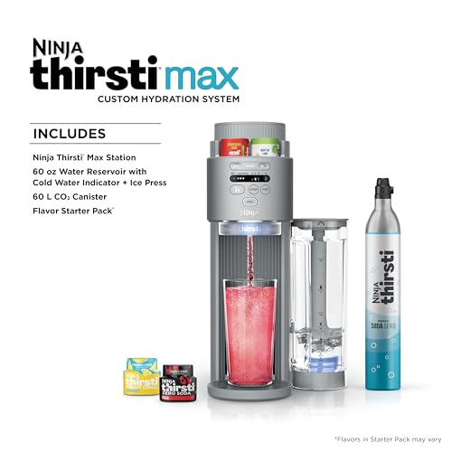 Ninja Thirsti Max Custom Hydration System, Soda Maker, Sparkling Water Maker, Custom Still & Sparkling Drinks, Compact Design, With 60L CO₂ Cylinder & Flavored Water Drops, Silver WC2002