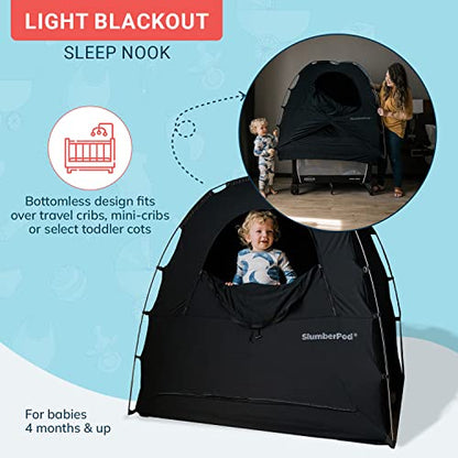 SlumberPod Portable Privacy Pod Blackout Canopy Crib Cover, Sleeping Space for Age 4 Months and Up, Pack n Play Blackout Cover, Baby Travel Crib Canopy (Black/Grey 2.0)