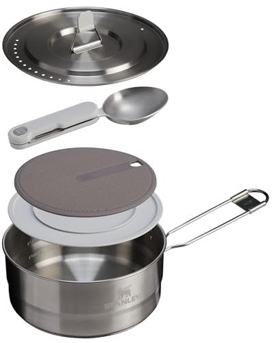 Stanley Wildfare Pro 5-Piece Stainless Steel Saucepan Cook Set | 2 qt Saucepan with Fold & Lock Handle | Cutting Board and Spoon | Camping Essentials for Your Camp Kitchen | BPA-Free