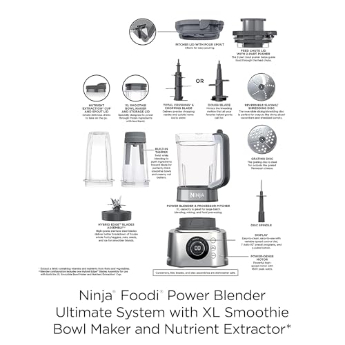 Ninja Blender & Food Processor Combo, Foodi Power Blender System for Smoothies, Bowls, Spreads & Shakes, 6 Functions, 72-oz Pitcher, To-Go Cups, Silver, SS401
