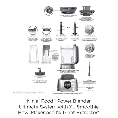 Ninja Blender & Food Processor Combo, Foodi Power Blender System for Smoothies, Bowls, Spreads & Shakes, 6 Functions, 72-oz Pitcher, To-Go Cups, Silver, SS401