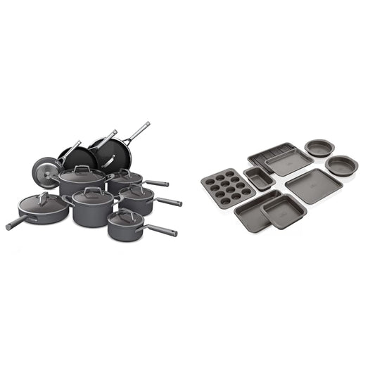 Ninja C39900 Foodi NeverStick Premium 16-Piece Cookware Set, Hard-Anodized & Oven Safe to 500°F, Slate Grey & B39010 Foodi NeverStick Premium 10-Piece Bakeware Sheet Set