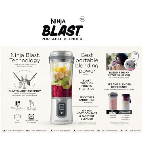 Ninja Blast 16 oz. Personal Portable Blender with Leak Proof Lid and Easy Sip Spout, Perfect for Smoothies, Cordless, USB-C Rechargeable, Dishwasher Safe Parts (Renewed) (White)