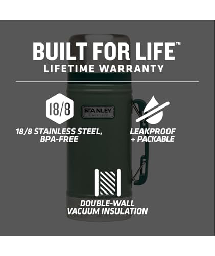 Stanley Classic Legendary Vacuum Insulated Food Jar – Stainless Steel, Naturally BPA-free Container – Keeps Food/Liquid Hot or Cold for 15 Hours – Leak Resistant, Hammertone Green, 24 OZ / 0.71 L