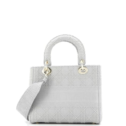 Christian Dior, Pre-Loved Lady D-Lite Bag Cannage Embroidered Canvas Medium, Gray