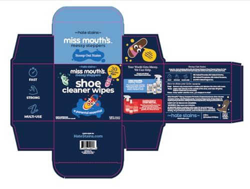 Miss Mouth's Messy Steppers Shoe Cleaner - 30 Wipes Ready To Use Sneaker Cleaner for Rubber, Canvas, Leather to Remove Dirt, Grass, Scuffs from makers of Miss Mouth's Messy Eater Stain Treater