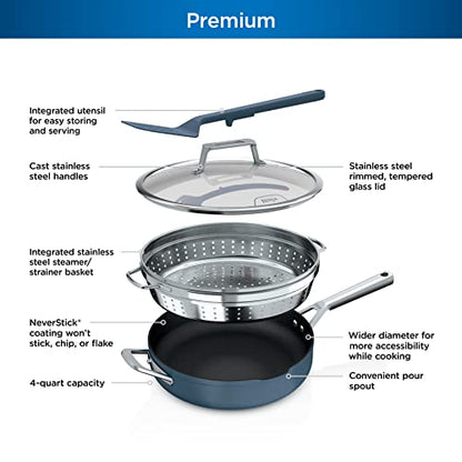 Ninja, Cookware, Steamer, Strainer Basket, Glass Lid and Spatula, Foodi NeverStick PossiblePan, Premium Set with 4-Quart Capacity Pan, Nonstick, Durable, Oven Safe Cookware, Cherry Tart, CW102BL