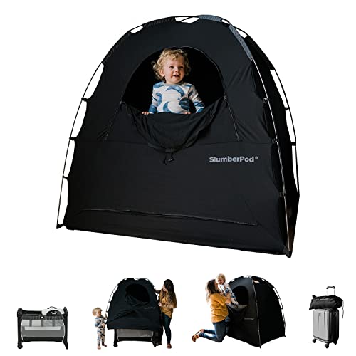 SlumberPod Portable Privacy Pod Blackout Canopy Crib Cover, Sleeping Space for Age 4 Months and Up, Pack n Play Blackout Cover, Baby Travel Crib Canopy (Black/Grey 2.0)