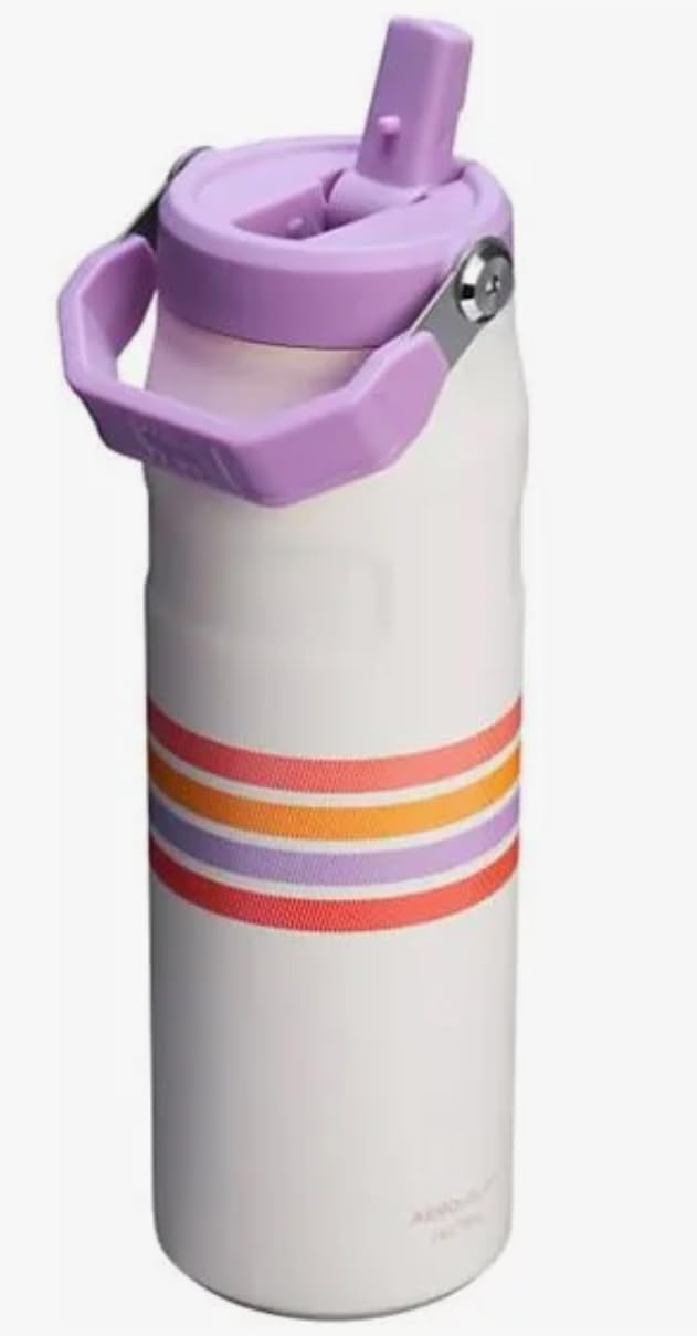 Stanley Varsity IceFlow Flip Straw 2.0 Lid | Water Bottle 24 OZ | Built-In Straw | Lightweight & Leak-Resistant | Insulated Stainless Steel | BPA-Free | Cream Lilac Stripe