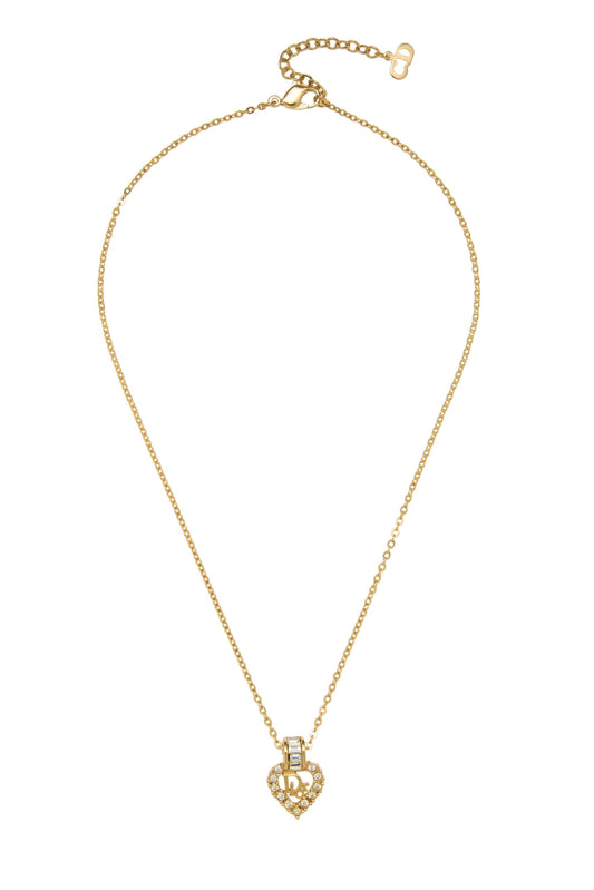 Dior, Pre-Loved Gold Crystal Logo Heart Necklace, Gold