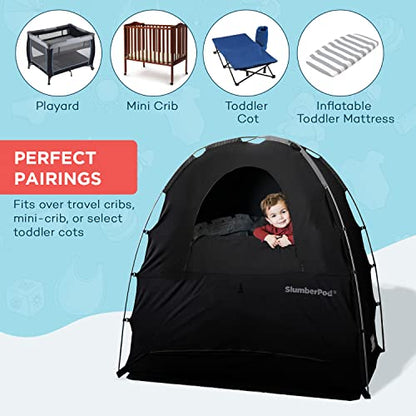 SlumberPod Portable Privacy Pod Blackout Canopy Crib Cover, Sleeping Space for Age 4 Months and Up, Pack n Play Blackout Cover, Baby Travel Crib Canopy (Black/Grey 2.0)