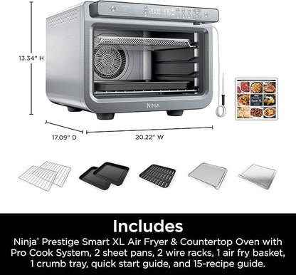 Ninja Prestige Smart XL with Pro Cook System 10-in-1 Air Fry Digital Countertop Convection Toaster Oven with Air Fry, Broil & Bake, Pro Cook Thermometer, 1800 Watts, Stainless Steel, DT551 (Renewed)