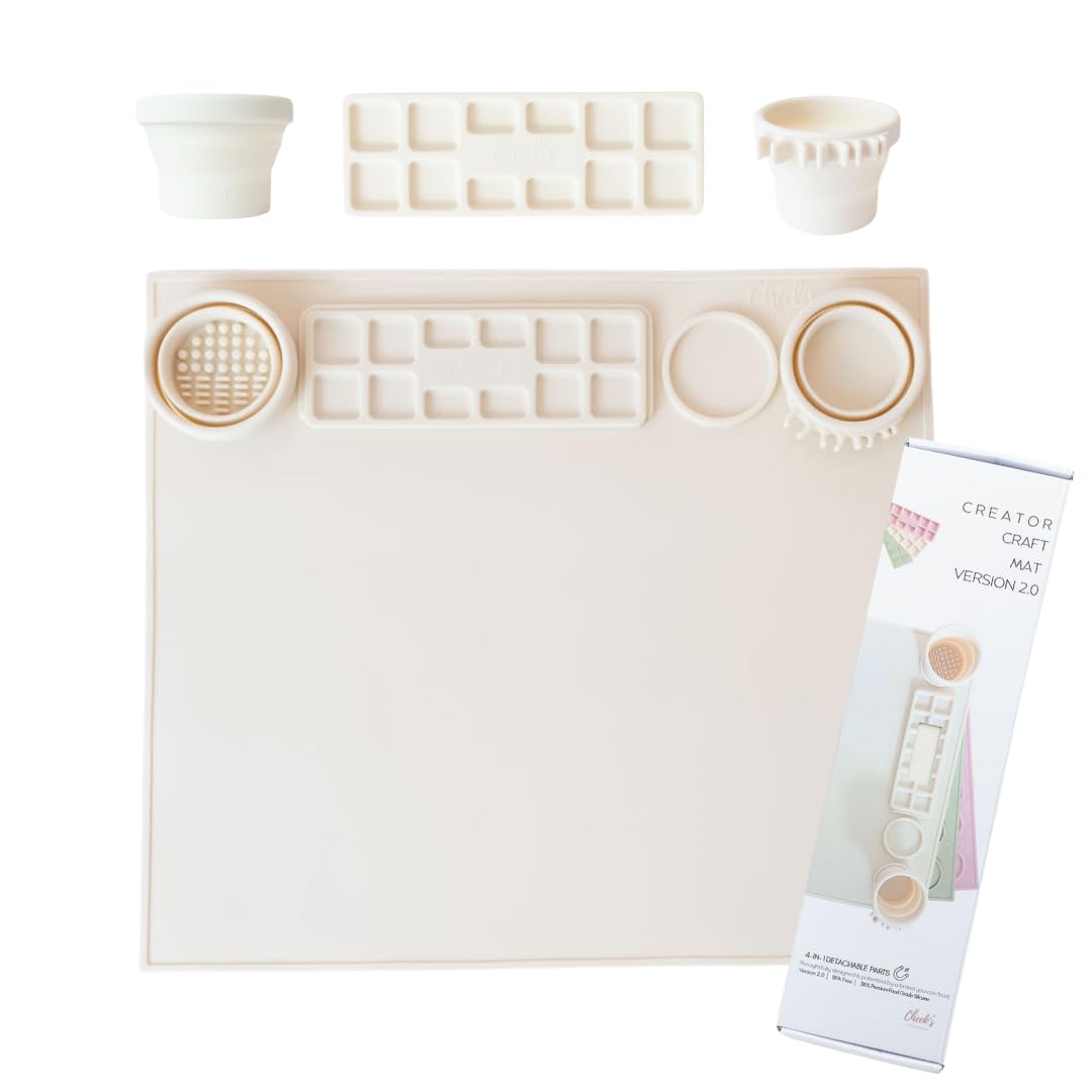 Cheek's Paper Room-Creator Silicone Craft Mat for Painting and Crafts V.2.0 (Oatmilk) Large Mat with Collapsible Paint Brush Cleaner for Painting, Clay, Resin and Crafts 15inches X 17inches