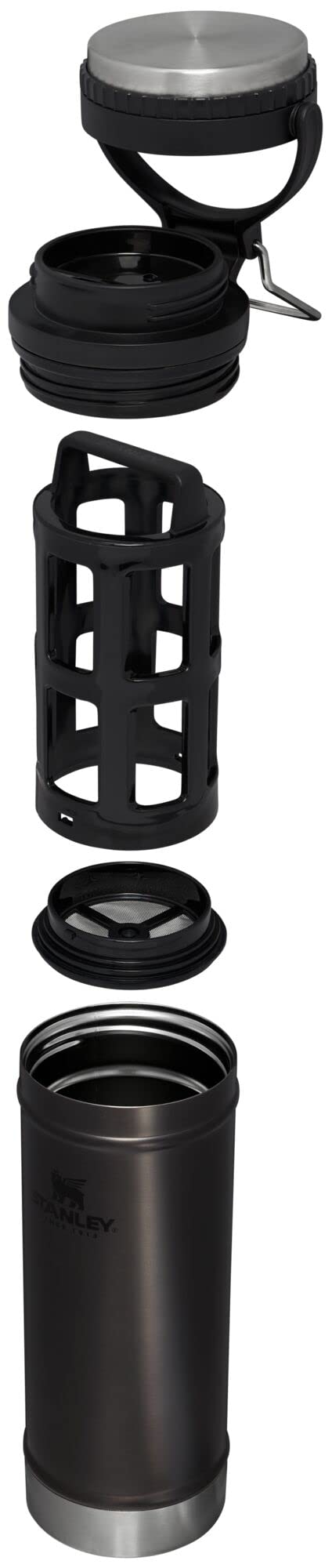 Stanley Travel Mug with Integrated French Press 16 oz | 5 Minute Brew, 4 Hours Hot, Leakproof Lid | Mesh Filter for Coffee Grounds | Insulated Stainless Steel Coffee Maker | BPA-Free | Charcoal Glow