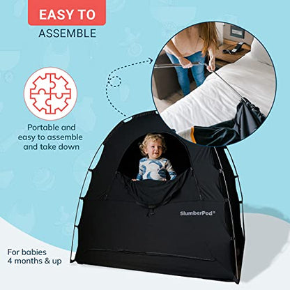 SlumberPod Portable Privacy Pod Blackout Canopy Crib Cover, Sleeping Space for Age 4 Months and Up, Pack n Play Blackout Cover, Baby Travel Crib Canopy (Black/Grey 2.0)