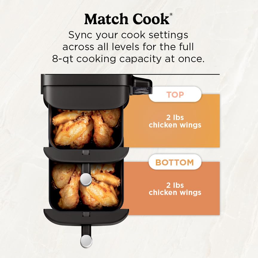 Ninja DoubleStack 2-Basket Air Fryer, DoubleStack Technology Cooks 4 Foods at Once, 8 QT, 6-in-1, Smart Finish & Match Cook, Air Fry, Broil, Bake, Easy Meals & Clean, Black, SL201 (Renewed)