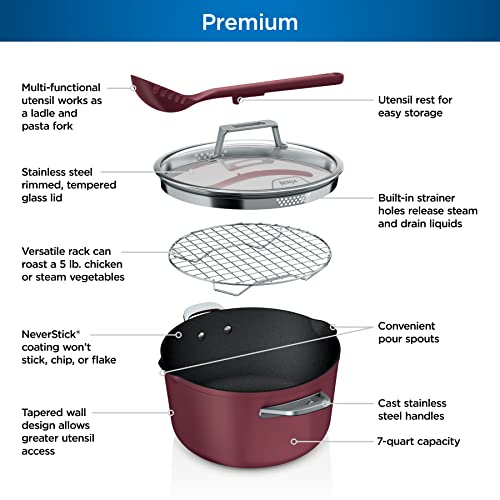 Ninja CW202RD Foodi NeverStick PossiblePot, Premium Set with 7-Quart Capacity Pot, Roasting Rack, Glass Lid & Integrated Spoon, Nonstick, Durable & Oven Safe to 500°F, Cherry Tart
