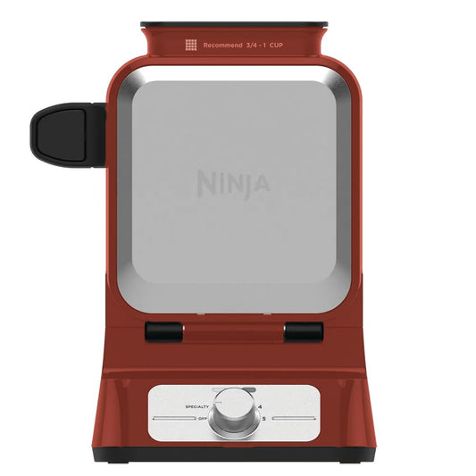 Ninja BW1001 NeverStick PRO Belgian Waffle Maker, Vertical Design, 5 Shade Settings, Precision-Pour Cup NOT Included* (Renewed) (Red)