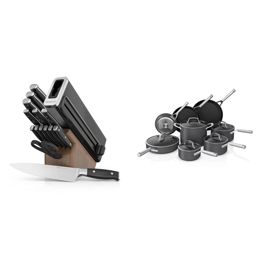 Ninja K52015 Foodi NeverDull 15 Piece Premium Knife System, Wood Series Block, German Stainless Steel & C39600 Foodi NeverStick Premium Hard-Anodized 13-Piece Cookware Set, Grey