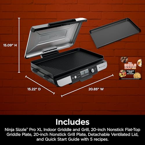 Ninja Sizzle Pro XL 20-Inch Indoor Griddle + Grill, Detachable Ventilated Lid, Grease Control, Ceramic Nonstick Plates, Even Edge-to-Edge Cooking, Extra Large Capacity, Versatile, Silver, GX101