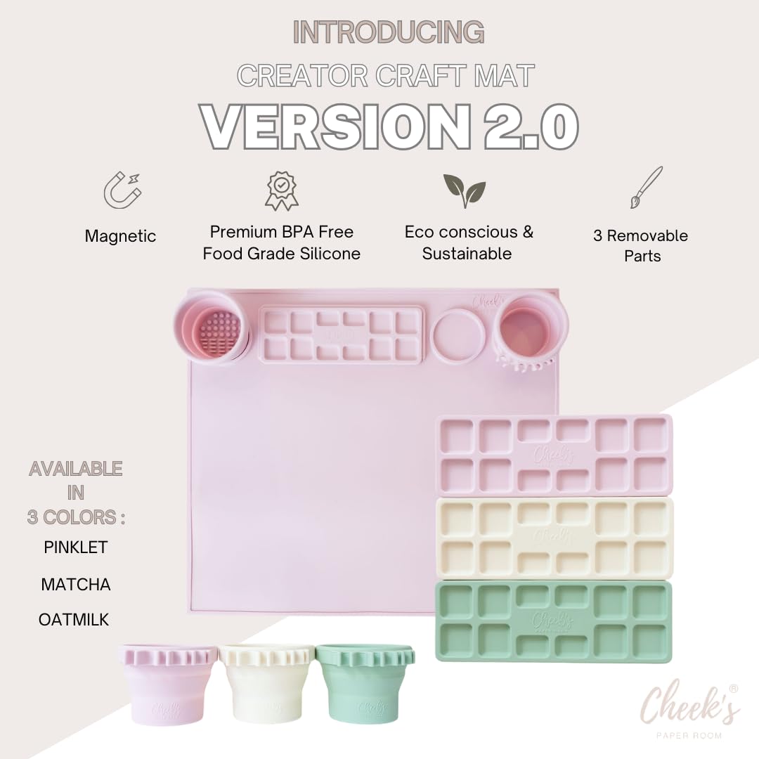 Cheek's Paper Room-Creator Silicone Craft Mat for Painting and Crafts V.2.0 (Oatmilk) Large Mat with Collapsible Paint Brush Cleaner for Painting, Clay, Resin and Crafts 15inches X 17inches