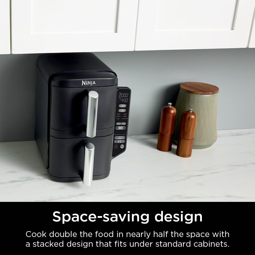 Ninja DoubleStack 2-Basket Air Fryer, DoubleStack Technology Cooks 4 Foods at Once, 8 QT, 6-in-1, Smart Finish & Match Cook, Air Fry, Broil, Bake, Easy Meals & Clean, Black, SL201 (Renewed)