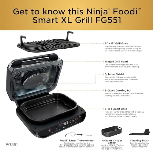Ninja Indoor Grill, Foodi Smart XL 6-in-1 Indoor Grill with Air Fry, Roast, Bake, Broil & Dehydrate, Smart Thermometer, Black/Silver, FG551