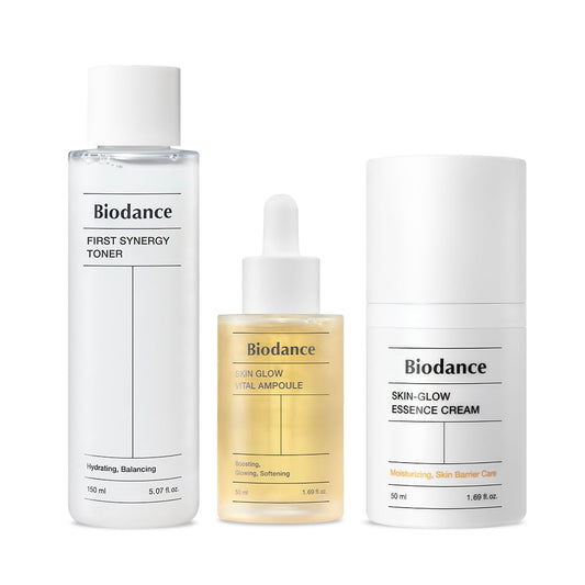 Biodance Basic Skincare Signature Set, Skin Glow Vital Ampoule (50ml) + Skin Glow Essence Cream (50ml) + First Synergy Toner (100ml), Intensive Moisturizing Bundle