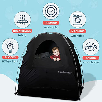 SlumberPod Portable Privacy Pod Blackout Canopy Crib Cover, Sleeping Space for Age 4 Months and Up, Pack n Play Blackout Cover, Baby Travel Crib Canopy (Black/Grey 2.0)