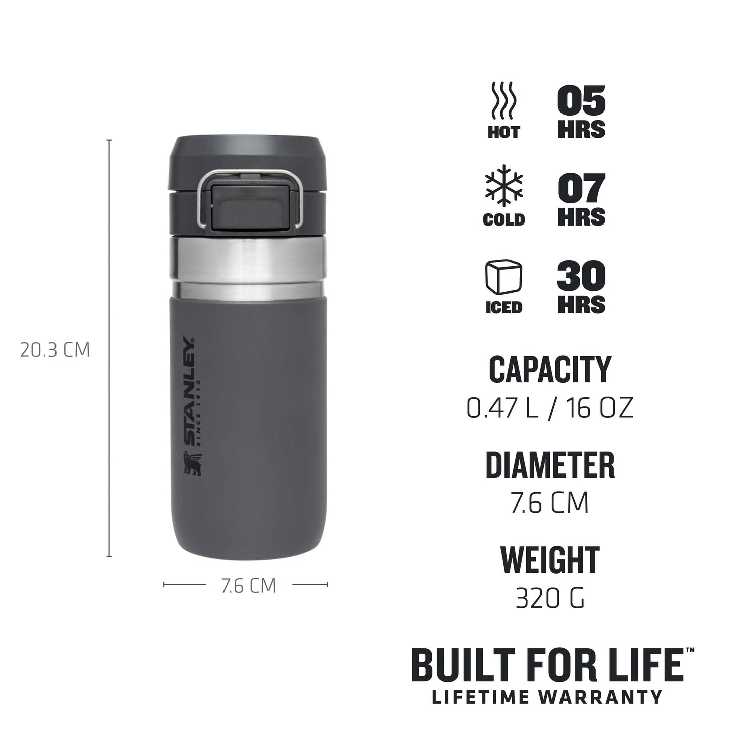 STANLEY Quick Flip Stainless Steel Water Bottle .71L / 24OZ Charcoal – Leakproof Insulated Water Bottle - Push Button Locking Lid - BPA-Free Thermos Flask - Cup Holder Compatible - Dishwasher Safe