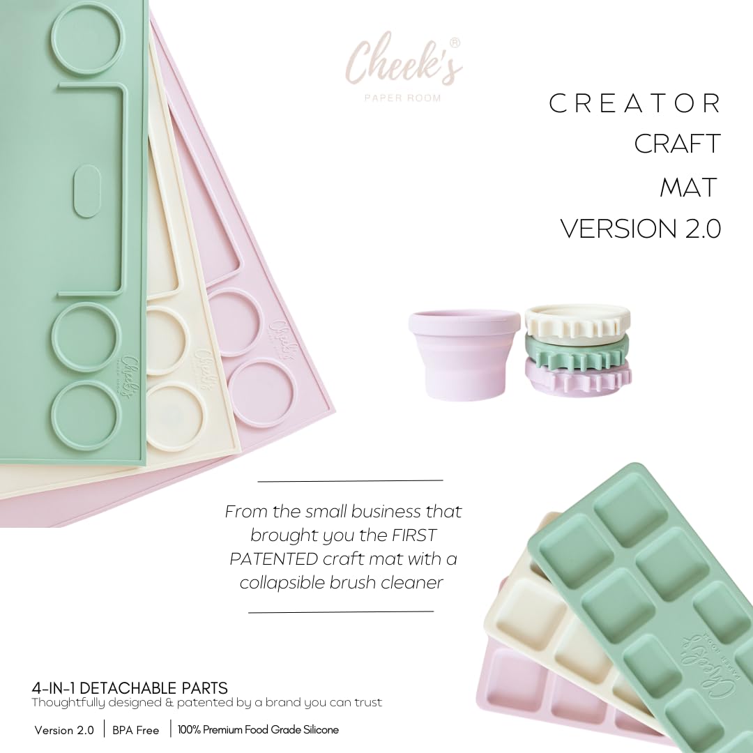 Cheek's Paper Room-Creator Silicone Craft Mat for Painting and Crafts V.2.0 (Oatmilk) Large Mat with Collapsible Paint Brush Cleaner for Painting, Clay, Resin and Crafts 15inches X 17inches