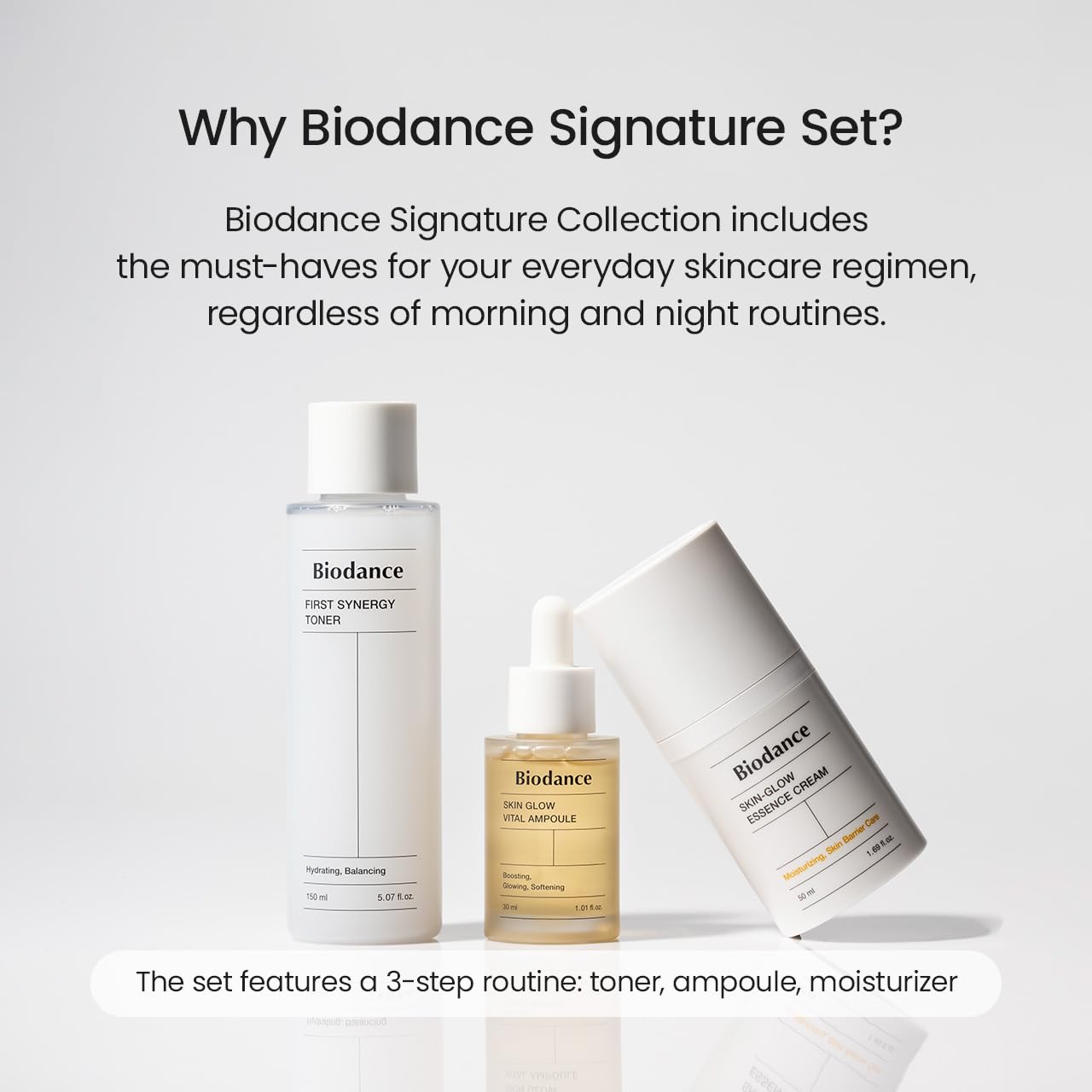 Biodance Basic Skincare Signature Set, Skin Glow Vital Ampoule (50ml) + Skin Glow Essence Cream (50ml) + First Synergy Toner (100ml), Intensive Moisturizing Bundle