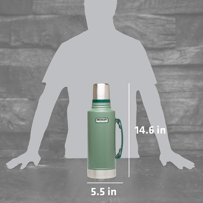 Stanley Heritage Classic Vacuum Bottle with Handle 2.0 qt | Wide Mouth with Leakproof Cup Lid | Keep Drinks Hot or Cold for Travel | Insulated Stainless Steel Thermos | BPA-Free | Hammertone Green