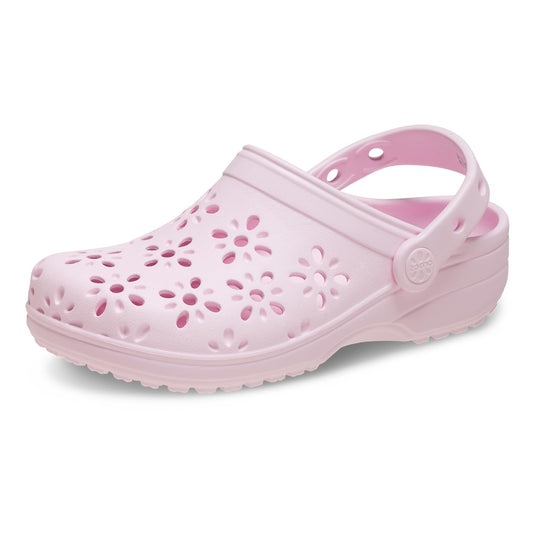 Crocs Unisex-Child Classic Clogs with Floral Cut Out Design, Kids and Toddler Shoes, Pink Milk, 6 Toddler
