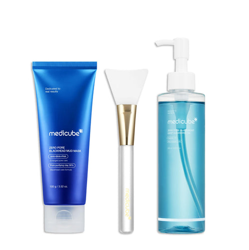 medicube Korean Home-Spa Pore Care Routine at Night: Zero Pore Blackhead Mud Facial Mask and Zero Pore Blackhead Deep Cleansing Oil and Jelly Brush