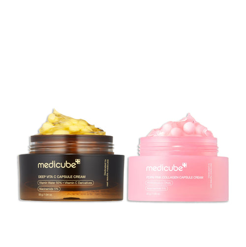 medicube Uneven Skin & Firm Capsule Duo: Deep Vitamin C Golden Capsule Face Moisturizer and Salmon DNA PDRN Pink Collagen Capsule Cream