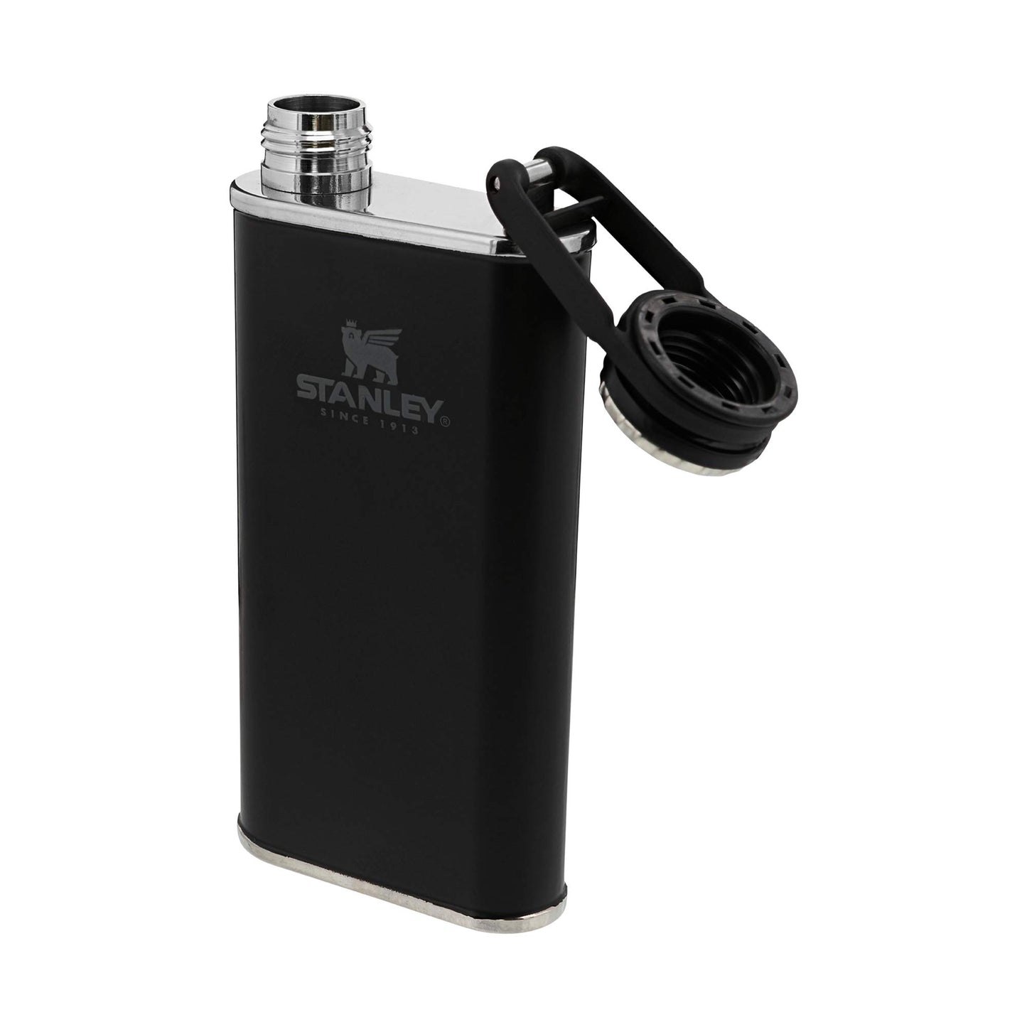 Stanley Classic Easy Fill Wide Mouth Flask 8 oz | Leakproof Hip Flask | Hinge Connected Never Lose Cap | Insulated Stainless Steel Liquor Container | BPA-Free | Matte Black