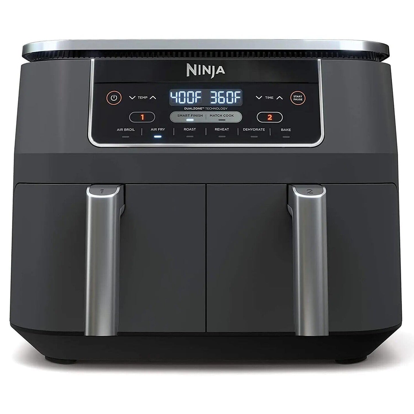 Ninja DZ201 Foodi 8 Quart 6-in-1 DualZone 2-Basket Air Fryer with 2 Independent Frying Baskets, Match Cook & Smart Finish to Roast, Broil, Dehydrate & More for Quick, Easy Meals, Grey (Renewed)