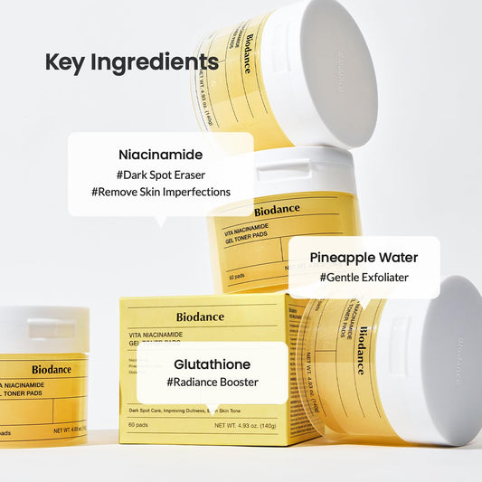 Biodance Radiance & Firming Skincare Duo, Vita Niacinamide Gel Toner Pads and Bio-Collagen Real Deep Hydrogel Mask, Brightening and Pore-Minimizing Care for Dull and Sensitive Skin, 60 Pads + 4 Masks