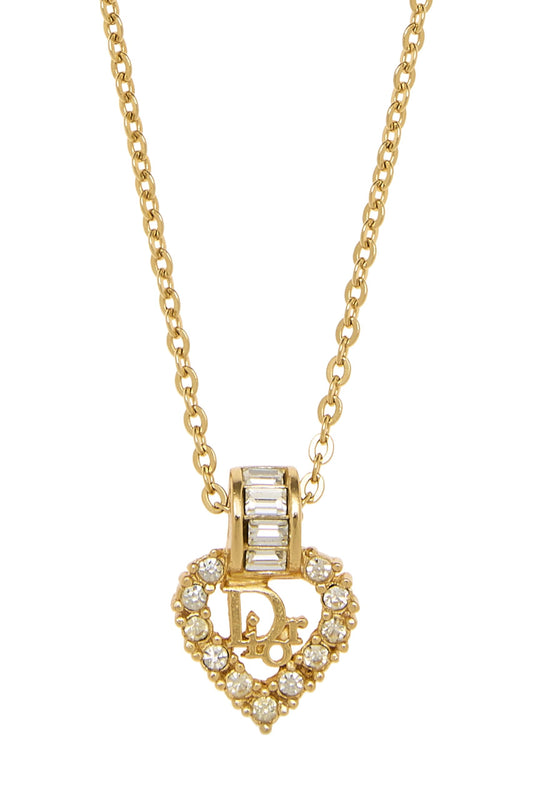 Dior, Pre-Loved Gold Crystal Logo Heart Necklace, Gold