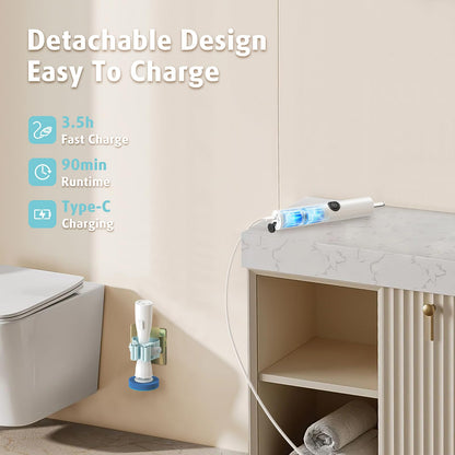 AIR U+ Electric Toilet Brush and Holder Set with 5 Disposable Refill Heads, Rechargeable & Wall-Mounted No Drilling Powerful Disposable Toilet Bowl Cleaner Wand