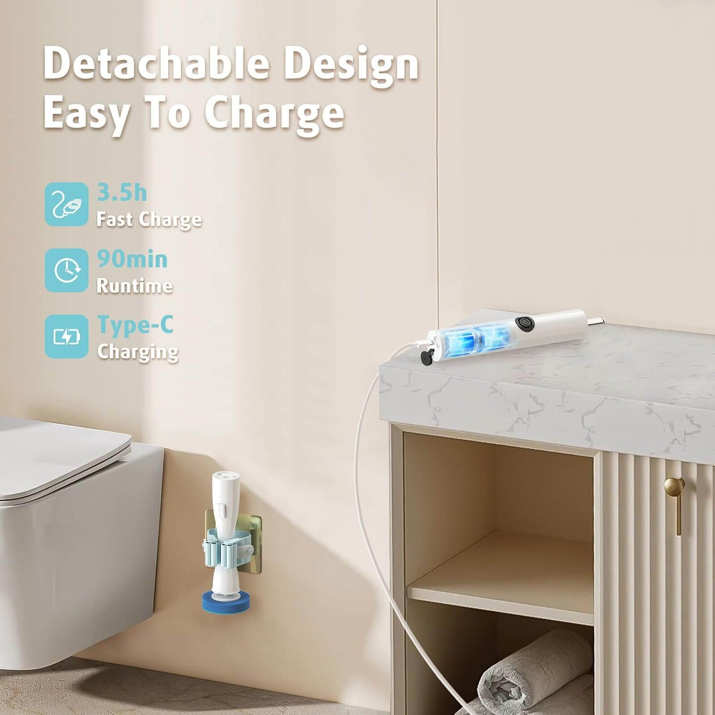 AIR U+ Electric Toilet Brush and Holder Set with 25 Disposable Refill Heads, Rechargeable & Wall-Mounted No Drilling Powerful Disposable Toilet Bowl Cleaner Wand