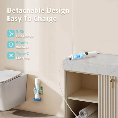 AIR U+ Electric Toilet Brush and Holder Set with 25 Disposable Refill Heads, Rechargeable & Wall-Mounted No Drilling Powerful Disposable Toilet Bowl Cleaner Wand
