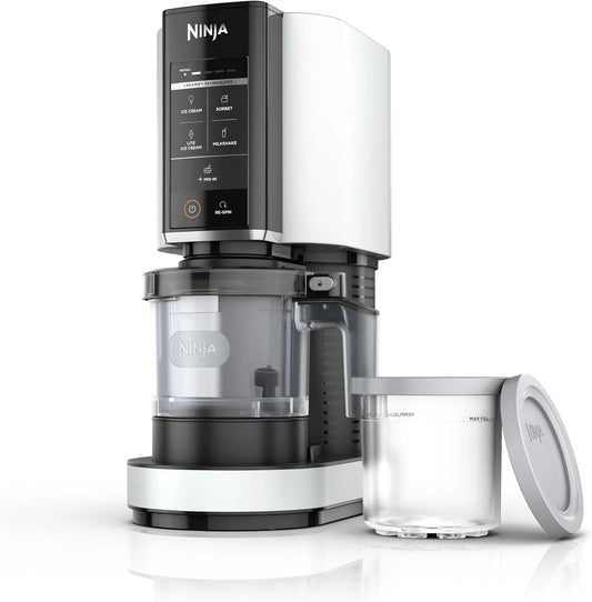 Ninja CREAMi Ice Cream Maker, 5 One-Touch Programs, Includes (2) 16oz Pints with Lids, Transform Frozen Bases to Ice Cream, Sorbets, Milkshakes, Vegan, Dairy-Free Options, NC300 White (Renewed)