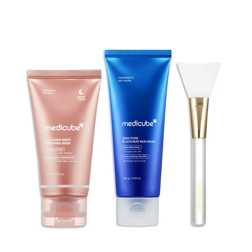 medicube Korean Viral Glass Skin Faical Mask Duo: Collagen Overnight Wrapping Peel Off Facial Mask Pack & Zero Pore Blackhead Mud Facial Mask & Jelly Brush