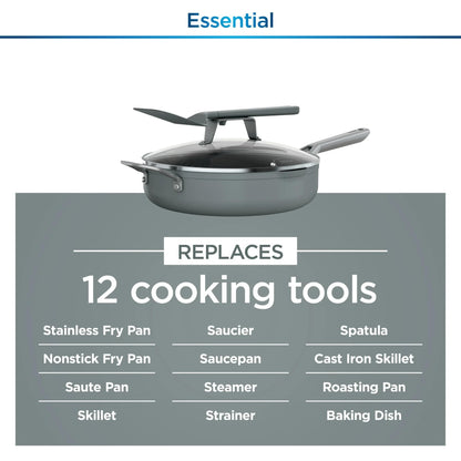 Ninja Foodi NeverStick Oven Safe Pan with Lid, Mesh Strainer, & Spatula, 4 Quart, Sea Salt Grey