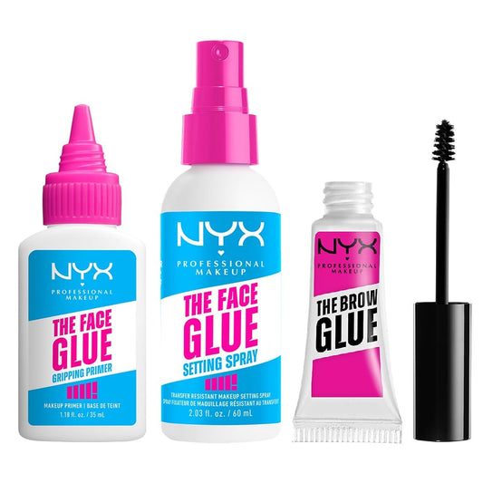 NYX PROFESSIONAL MAKEUP Bundle of The Brow Glue, Extreme Hold Clear Eyebrow Gel + The Face Glue Setting Spray + The Face Glue Gripping Primer